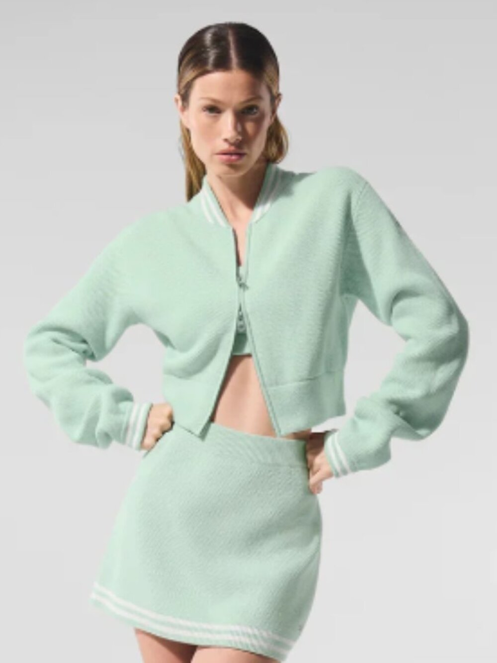 ALO Tennis Club Sweater Knit Full Zip Jacket, Spearmint, size XS